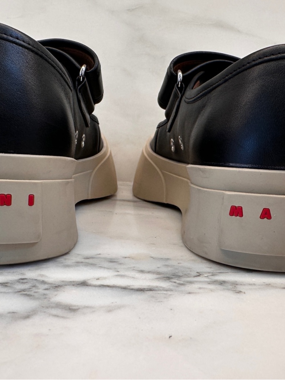 MARNI women’s Black Leather Mary Jane Sneaker with White Platform Sole. - Picture 8 of 11